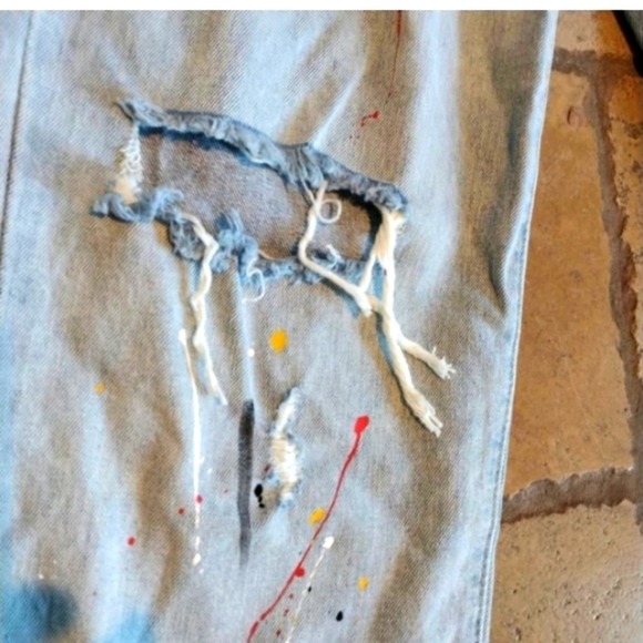 Grace Chow Jeans Size 8 WIDE LEG Distressed Painted Straight  Baggy 100% Cotton - Picture 14 of 16